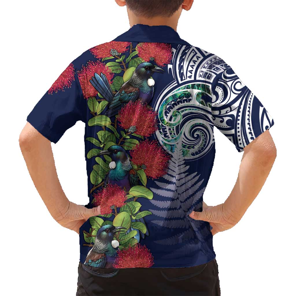 Meri Kirihimete New Zealand Family Matching Off Shoulder Short Dress and Hawaiian Shirt Tui on Pohutukawa - Blue Ver LT7 - Polynesian Pride