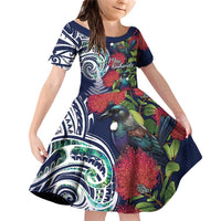 Meri Kirihimete New Zealand Family Matching Off Shoulder Short Dress and Hawaiian Shirt Tui on Pohutukawa - Blue Ver LT7 Daughter's Dress Blue - Polynesian Pride