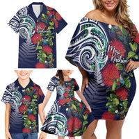 Meri Kirihimete New Zealand Family Matching Off Shoulder Short Dress and Hawaiian Shirt Tui on Pohutukawa - Blue Ver LT7 - Polynesian Pride