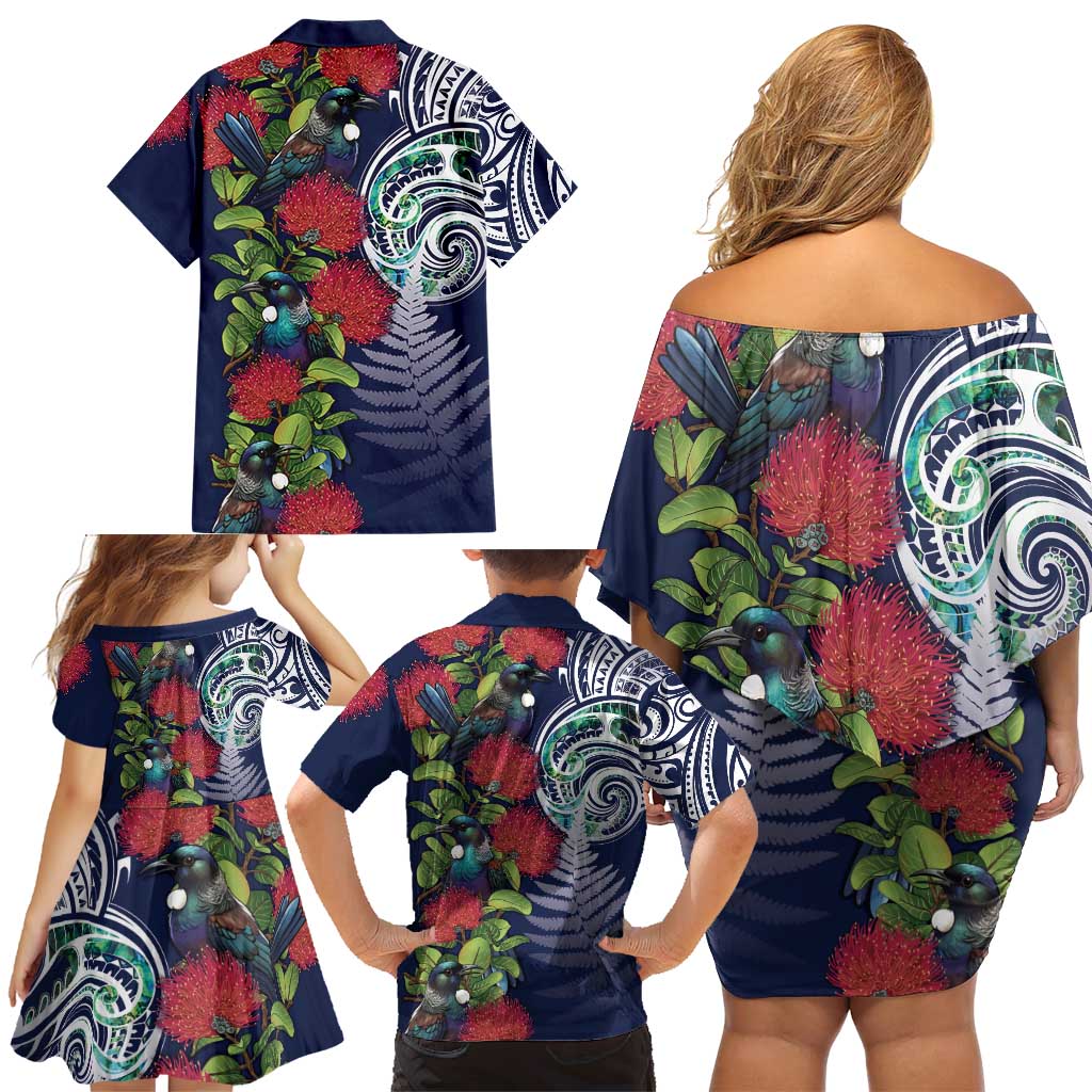 Meri Kirihimete New Zealand Family Matching Off Shoulder Short Dress and Hawaiian Shirt Tui on Pohutukawa - Blue Ver LT7 - Polynesian Pride