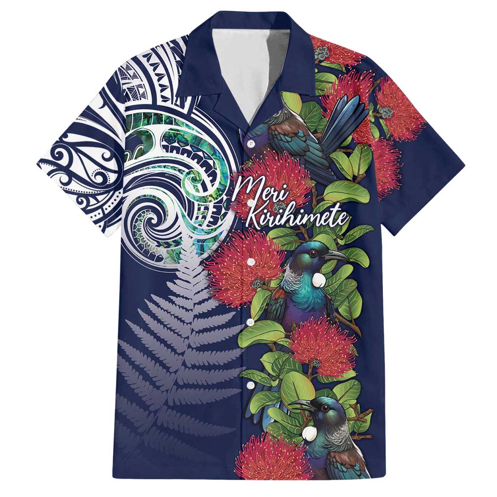 Meri Kirihimete New Zealand Family Matching Off Shoulder Short Dress and Hawaiian Shirt Tui on Pohutukawa - Blue Ver LT7 Dad's Shirt - Short Sleeve Blue - Polynesian Pride