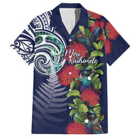 Meri Kirihimete New Zealand Family Matching Off Shoulder Short Dress and Hawaiian Shirt Tui on Pohutukawa - Blue Ver LT7 Dad's Shirt - Short Sleeve Blue - Polynesian Pride