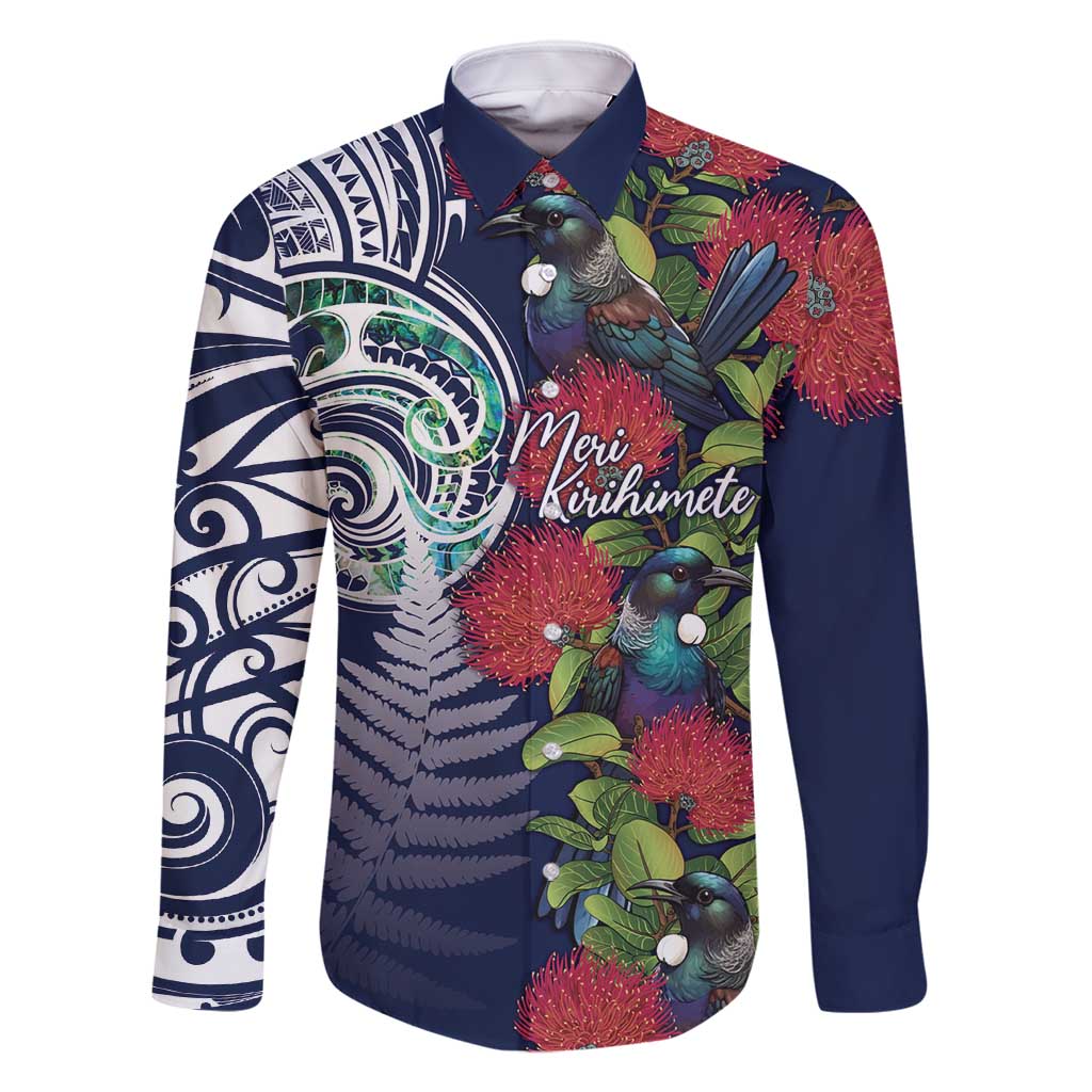 Meri Kirihimete New Zealand Family Matching Off Shoulder Short Dress and Hawaiian Shirt Tui on Pohutukawa - Blue Ver LT7 Dad's Shirt - Long Sleeve Blue - Polynesian Pride