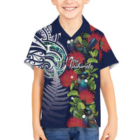 Meri Kirihimete New Zealand Family Matching Off Shoulder Short Dress and Hawaiian Shirt Tui on Pohutukawa - Blue Ver LT7 Son's Shirt Blue - Polynesian Pride