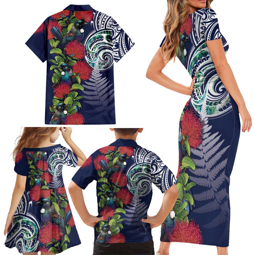 Meri Kirihimete New Zealand Family Matching Short Sleeve Bodycon Dress and Hawaiian Shirt Tui on Pohutukawa - Blue Ver