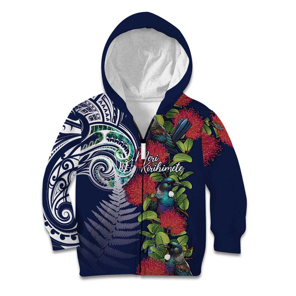 Meri Kirihimete New Zealand Kid Hoodie Tui on Pohutukawa - Blue Ver