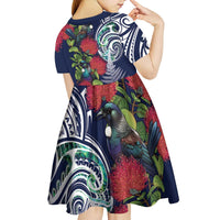 Meri Kirihimete New Zealand Kid Short Sleeve Dress Tui on Pohutukawa - Blue Ver