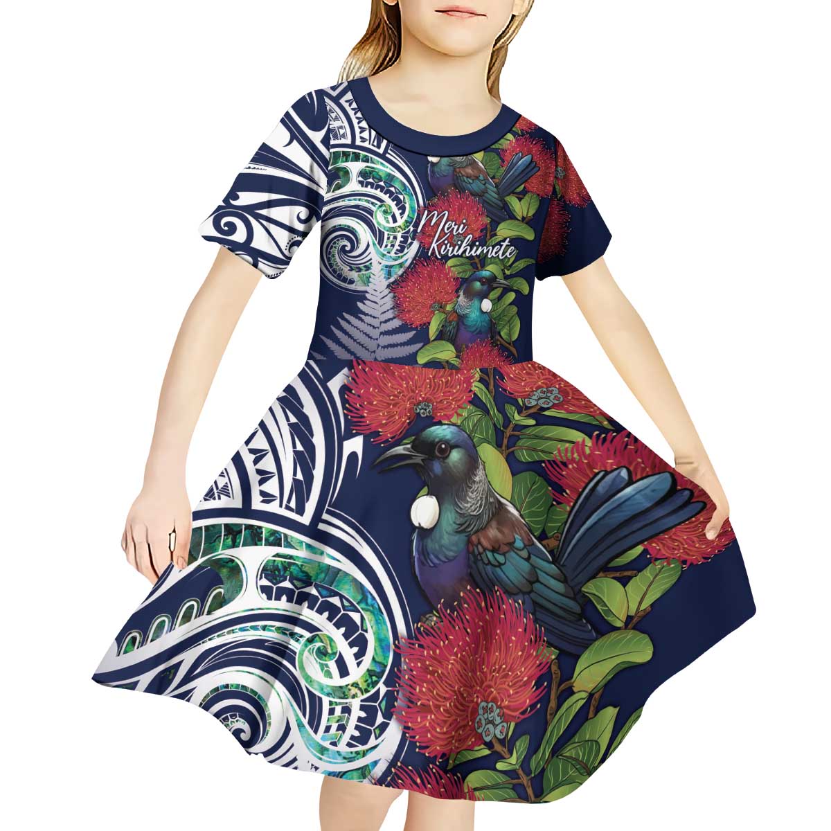 Meri Kirihimete New Zealand Kid Short Sleeve Dress Tui on Pohutukawa - Blue Ver