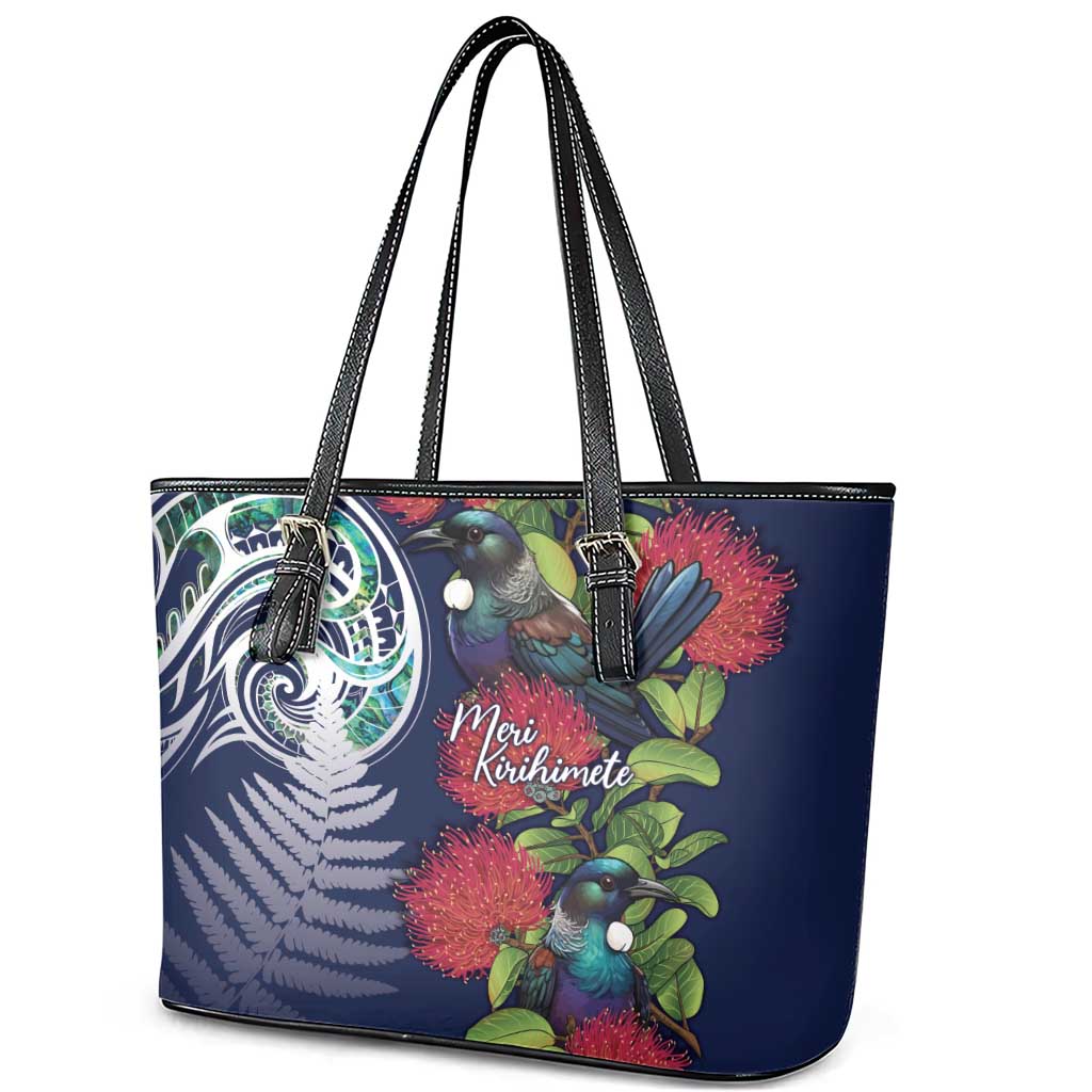 Meri Kirihimete New Zealand Leather Tote Bag Tui on Pohutukawa - Blue Ver