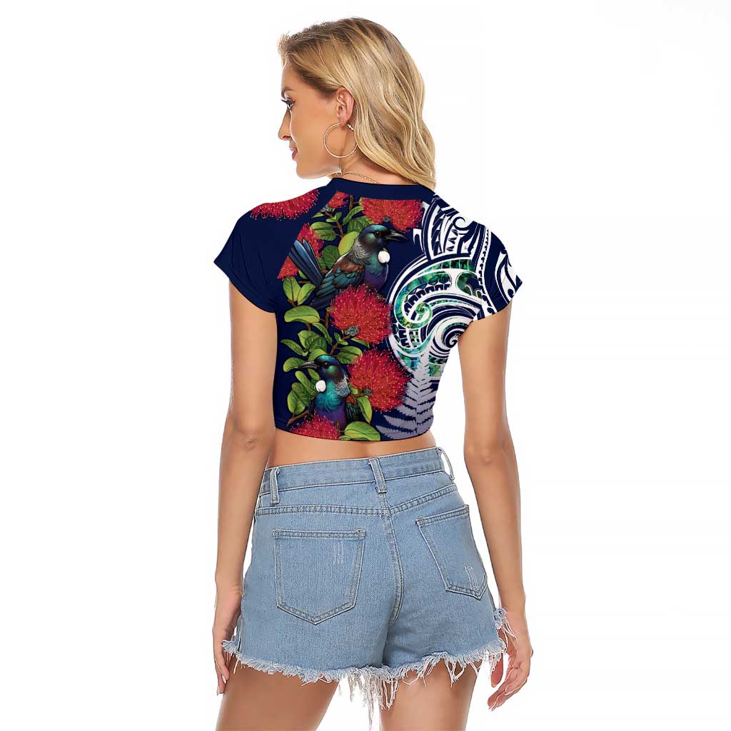 Meri Kirihimete New Zealand Raglan Cropped T Shirt Tui on Pohutukawa - Blue Ver