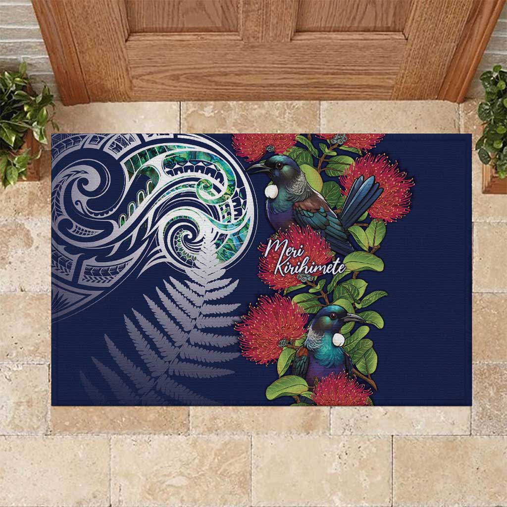 Meri Kirihimete New Zealand Rubber Doormat Tui on Pohutukawa - Blue Ver