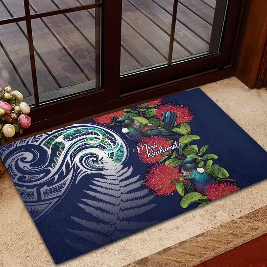 Meri Kirihimete New Zealand Rubber Doormat Tui on Pohutukawa - Blue Ver