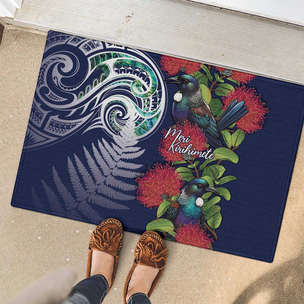 Meri Kirihimete New Zealand Rubber Doormat Tui on Pohutukawa - Blue Ver