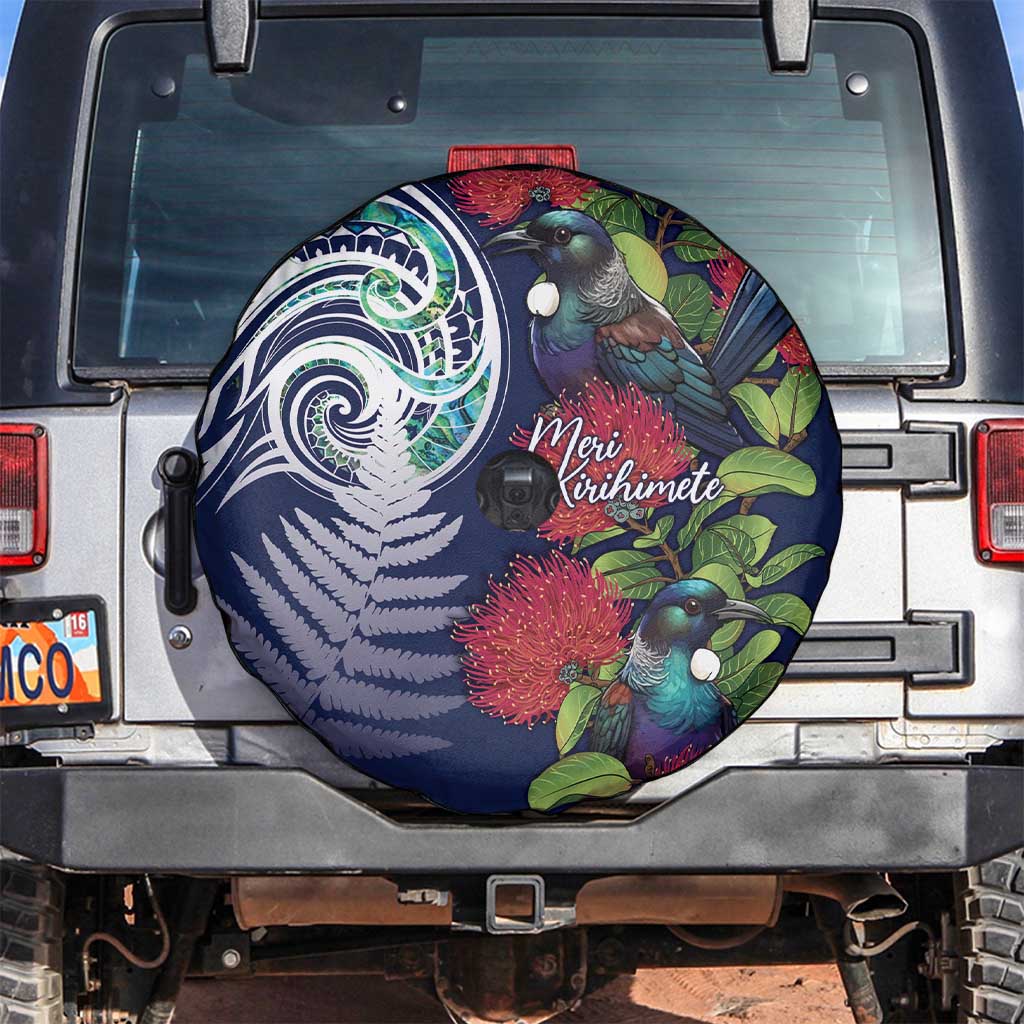 Meri Kirihimete New Zealand Spare Tire Cover Tui on Pohutukawa - Blue Ver LT7 Blue - Polynesian Pride