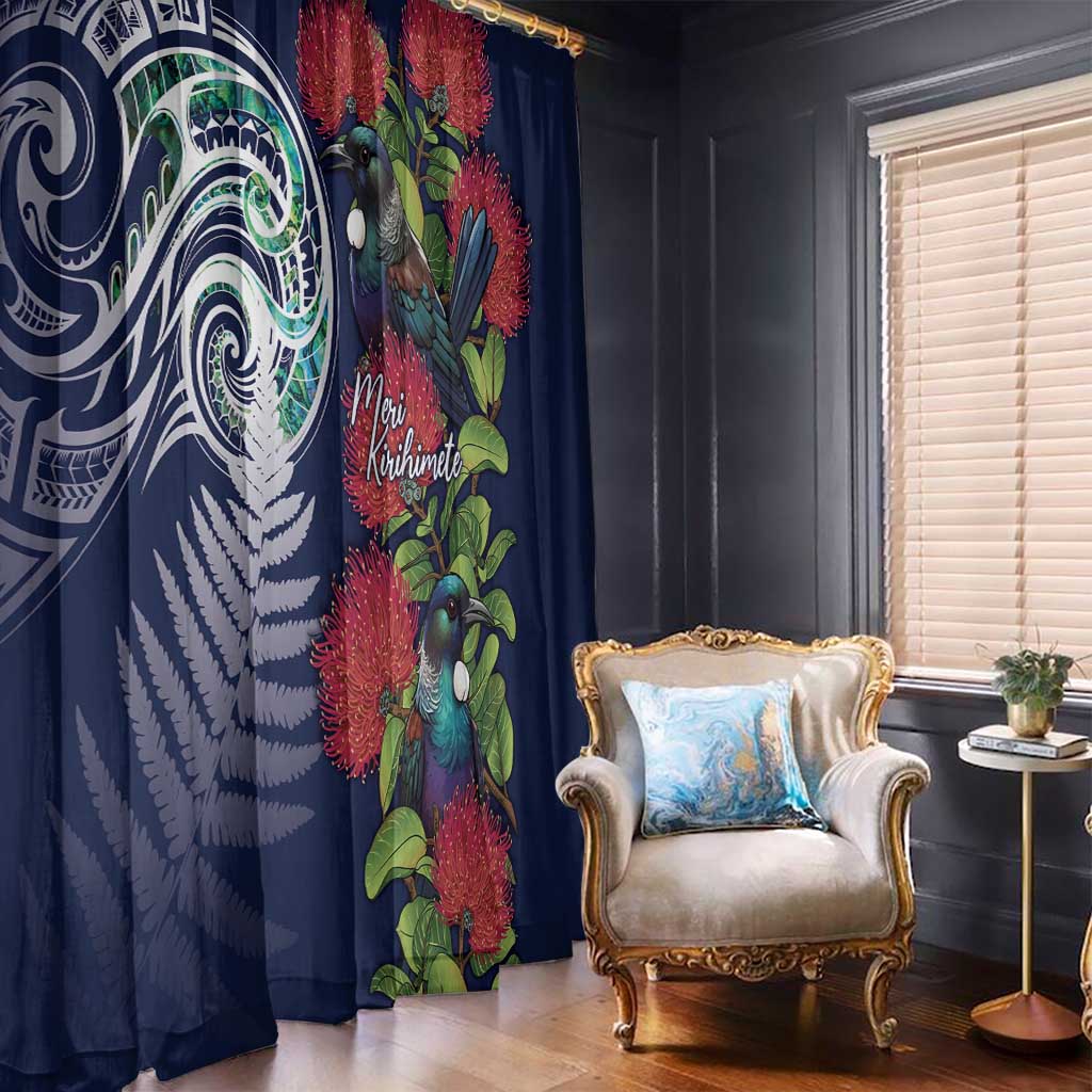 Meri Kirihimete New Zealand Window Curtain Tui on Pohutukawa - Blue Ver