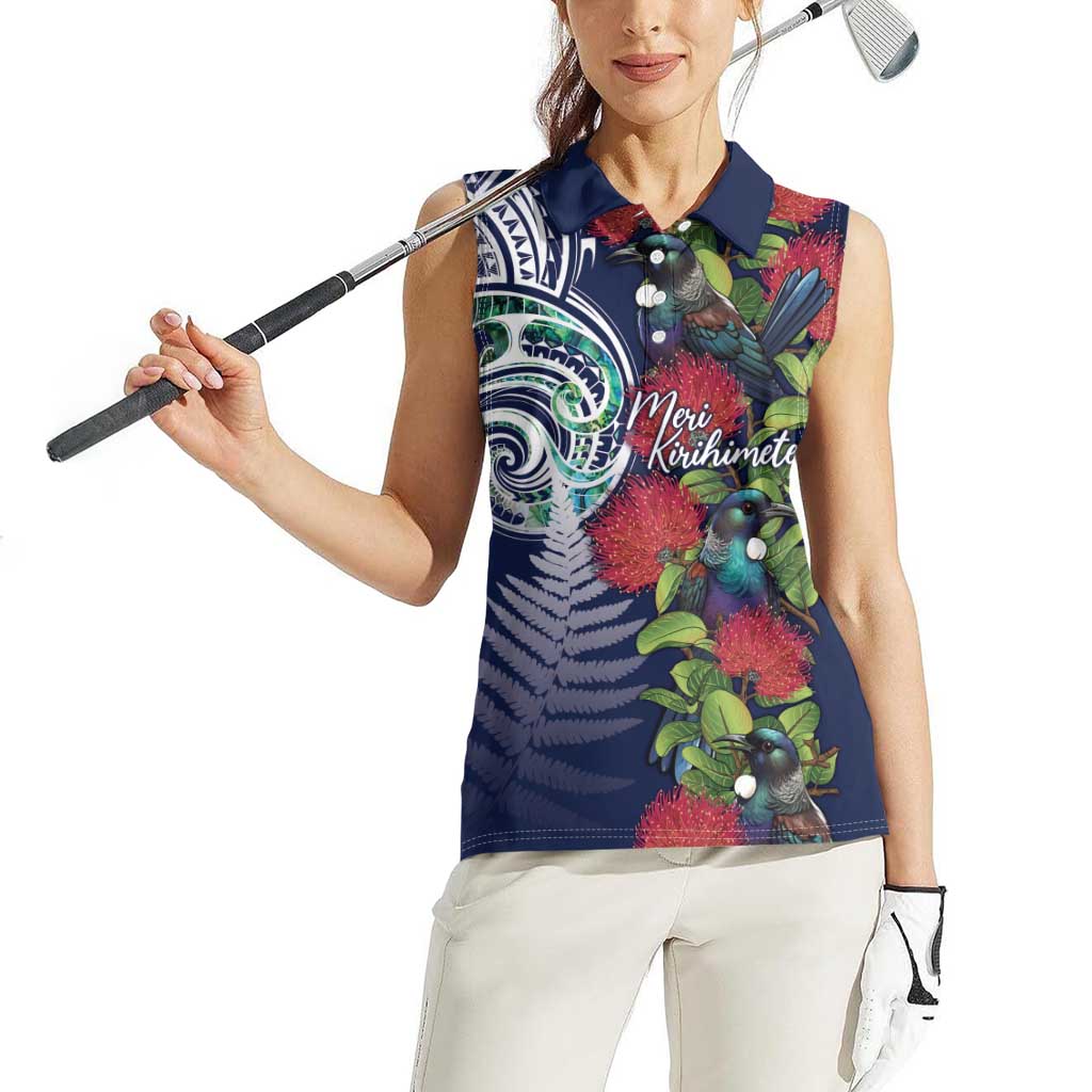 Meri Kirihimete New Zealand Women Sleeveless Polo Shirt Tui on Pohutukawa - Blue Ver
