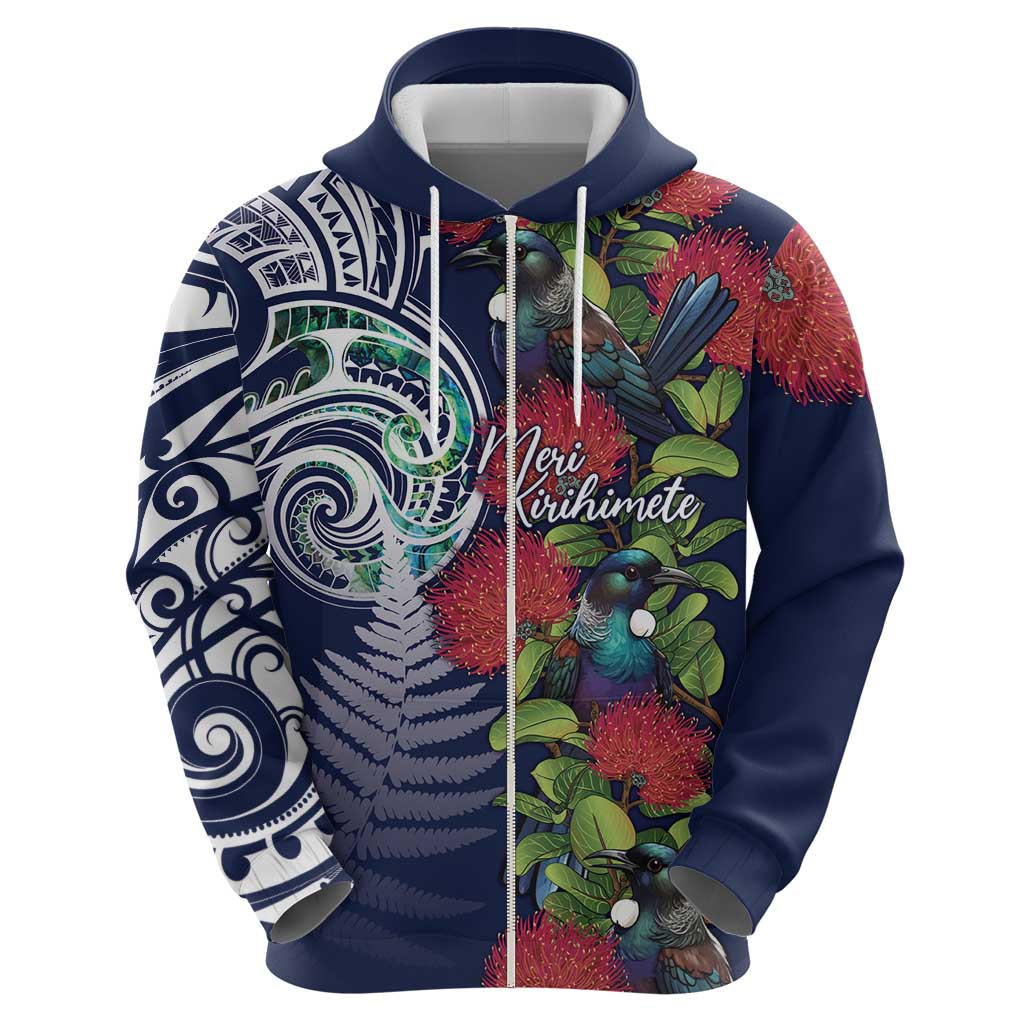 Meri Kirihimete New Zealand Zip Hoodie Tui on Pohutukawa - Blue Ver