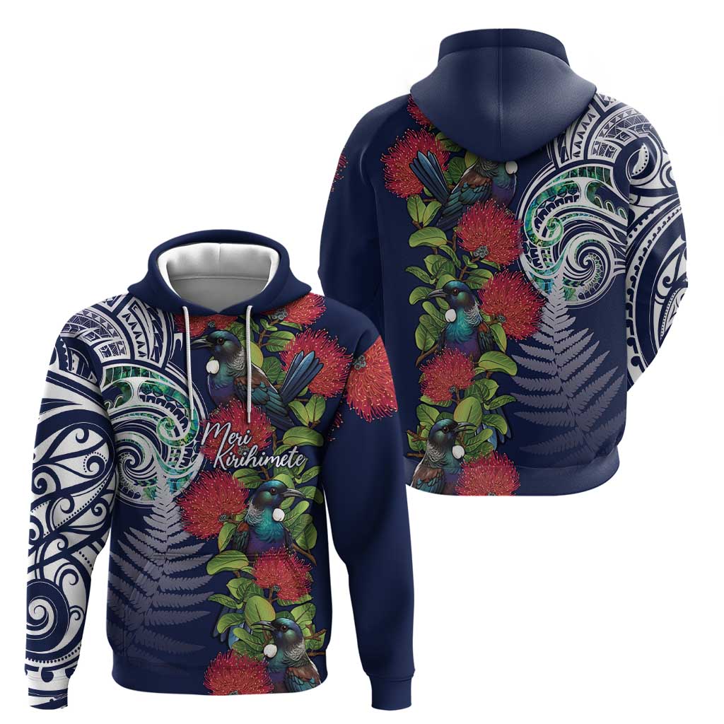 Meri Kirihimete New Zealand Zip Hoodie Tui on Pohutukawa - Blue Ver