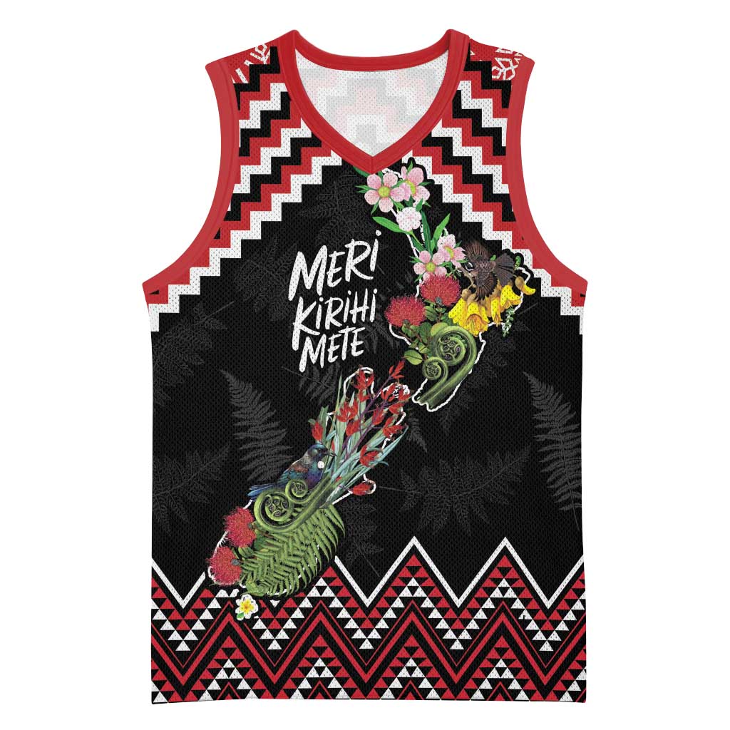 New Zealand Christmas Taniko Poutama Basketball Jersey Flora Map with Birds - Polynesian Pride