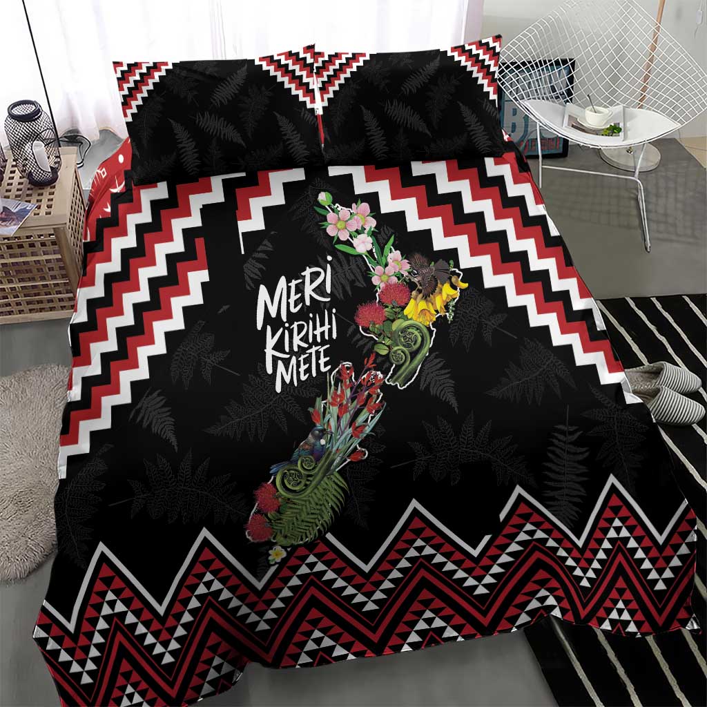 New Zealand Christmas Taniko Poutama Bedding Set Flora Map with Birds - Polynesian Pride