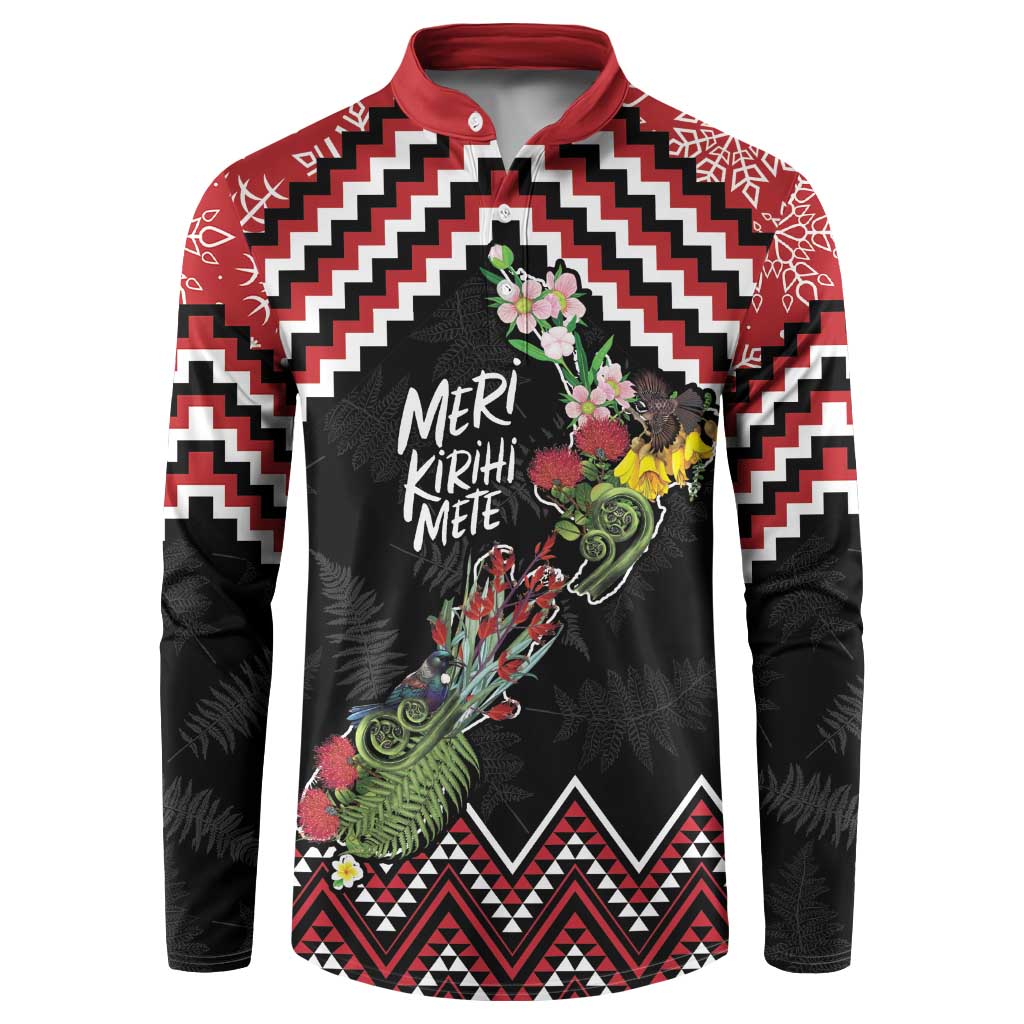 New Zealand Christmas Taniko Poutama Button Sweatshirt Flora Map with Birds - Polynesian Pride