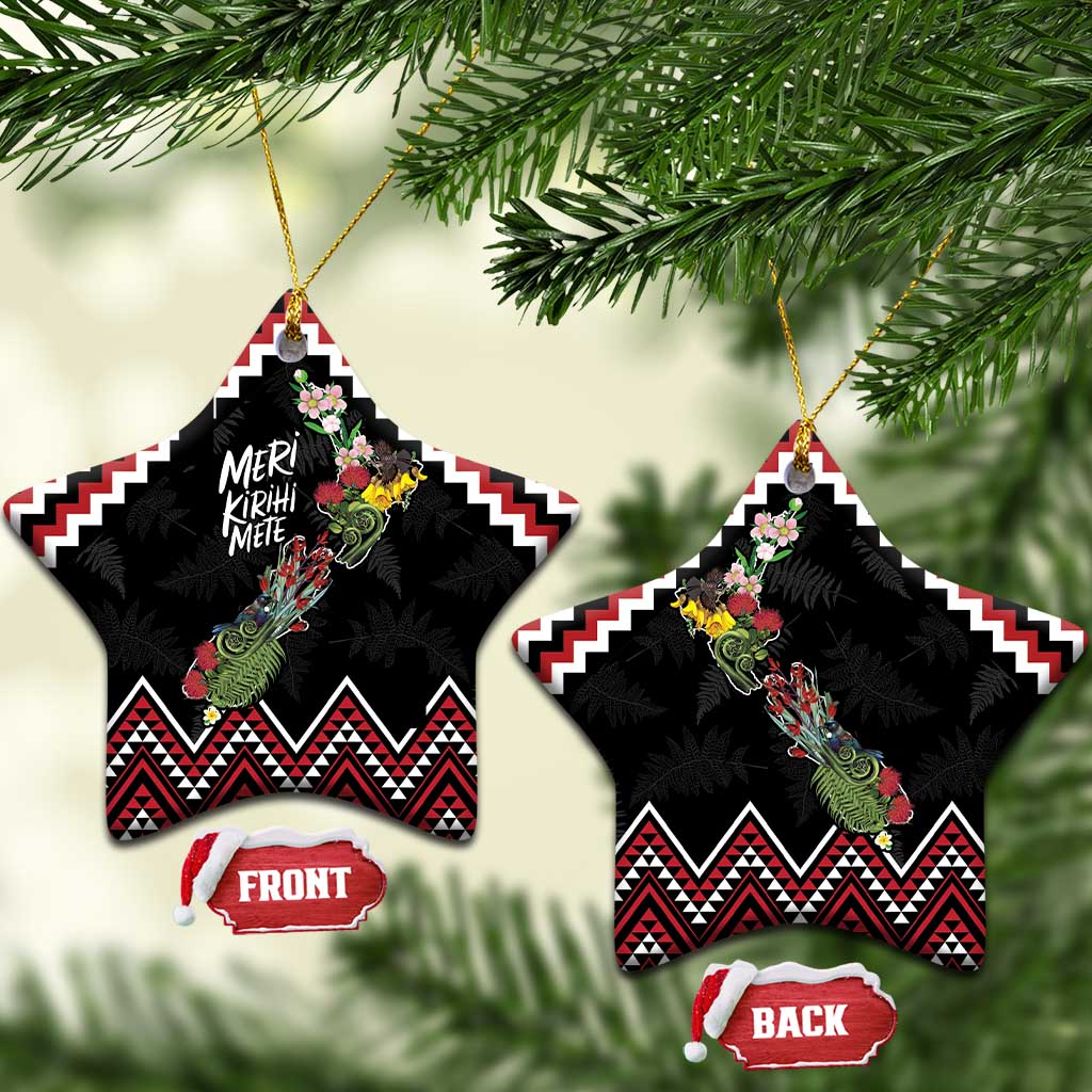 New Zealand Christmas Taniko Poutama Ceramic Ornament Flora Map with Birds - Polynesian Pride