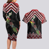 New Zealand Christmas Taniko Poutama Couples Matching Long Sleeve Bodycon Dress and Hawaiian Shirt Flora Map with Birds - Polynesian Pride