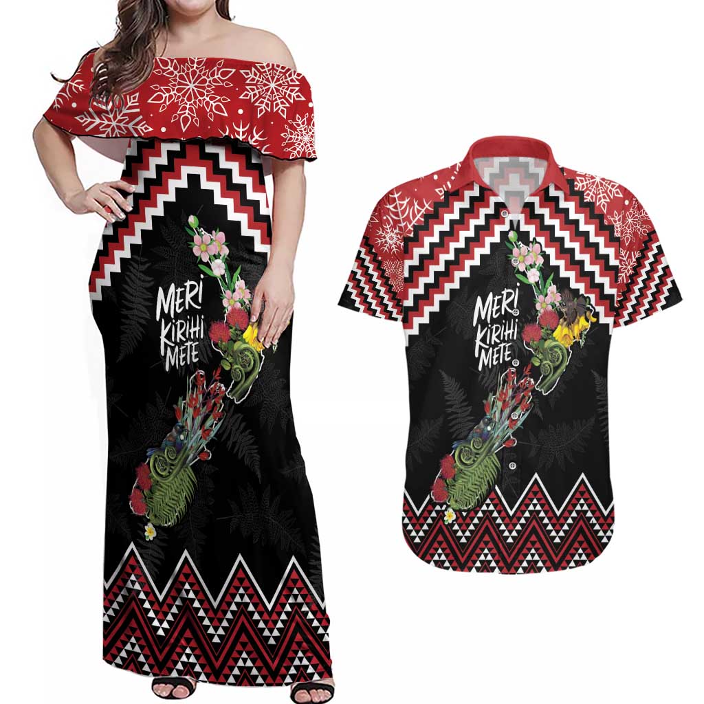 New Zealand Christmas Taniko Poutama Couples Matching Off Shoulder Maxi Dress and Hawaiian Shirt Flora Map with Birds - Polynesian Pride
