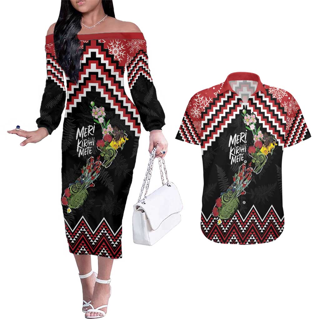 New Zealand Christmas Taniko Poutama Couples Matching Off The Shoulder Long Sleeve Dress and Hawaiian Shirt Flora Map with Birds - Polynesian Pride