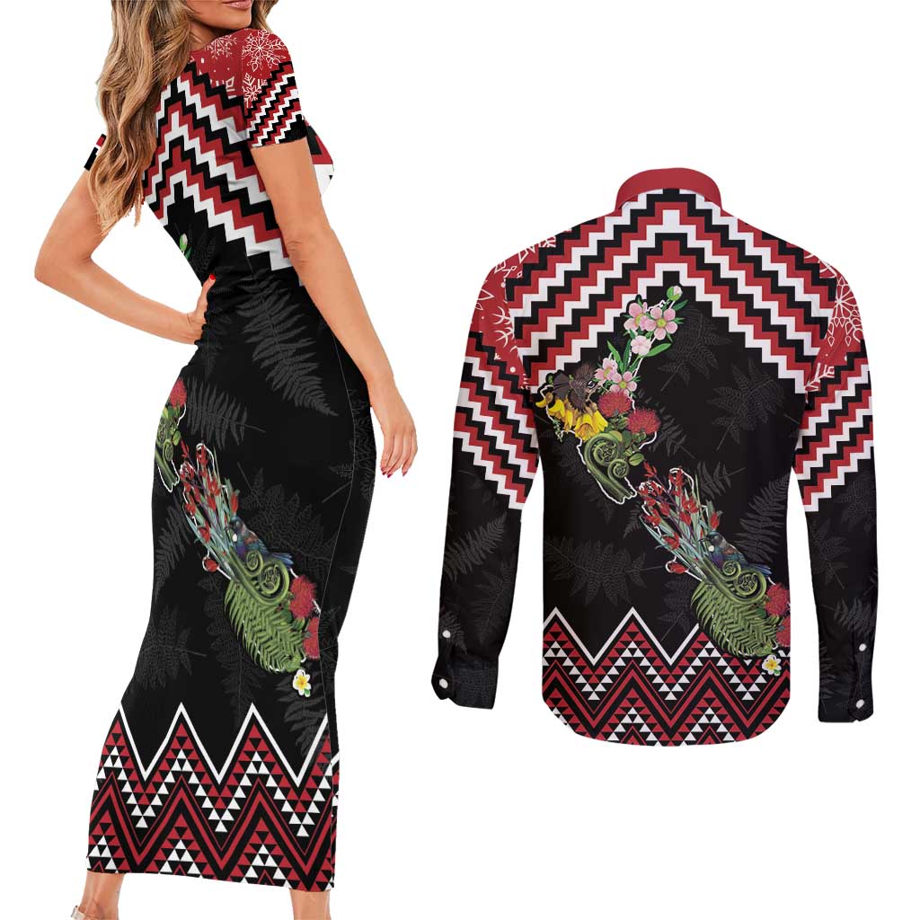 New Zealand Christmas Taniko Poutama Couples Matching Short Sleeve Bodycon Dress and Long Sleeve Button Shirt Flora Map with Birds - Polynesian Pride