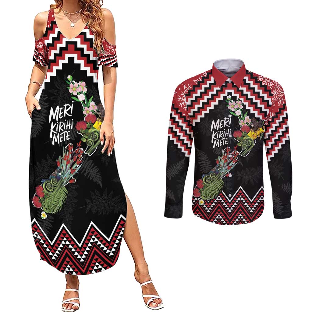 New Zealand Christmas Taniko Poutama Couples Matching Summer Maxi Dress and Long Sleeve Button Shirt Flora Map with Birds - Polynesian Pride
