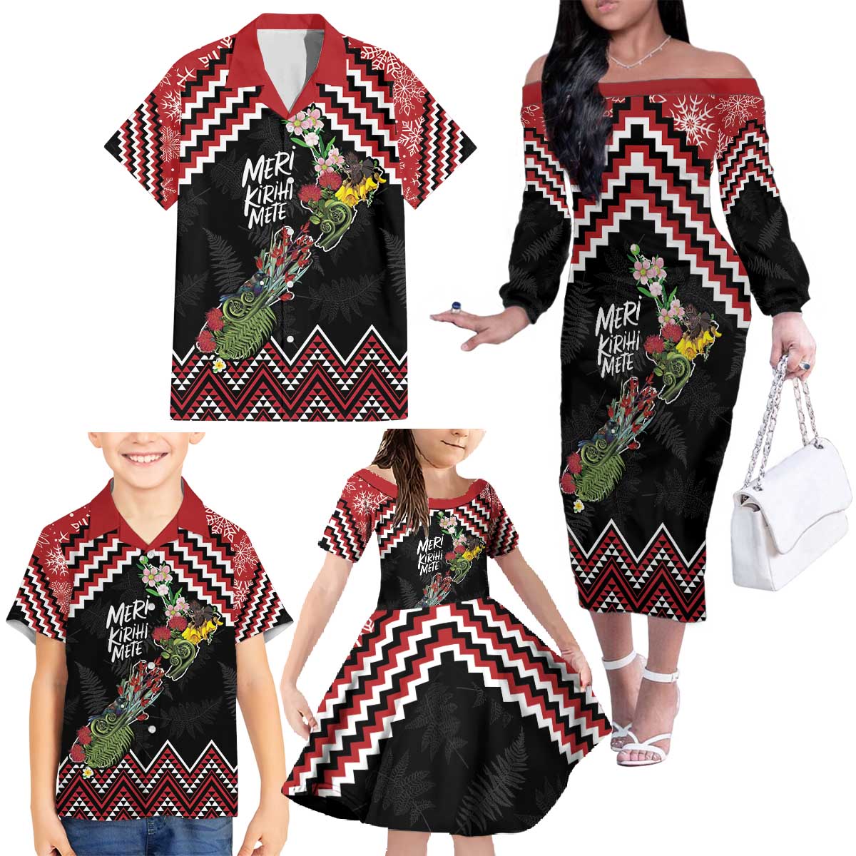 New Zealand Christmas Taniko Poutama Family Matching Off The Shoulder Long Sleeve Dress and Hawaiian Shirt Flora Map with Birds - Polynesian Pride