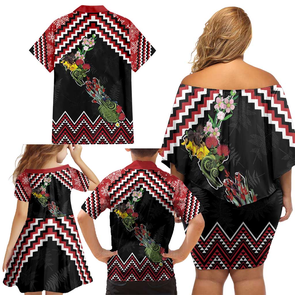 New Zealand Christmas Taniko Poutama Family Matching Off Shoulder Short Dress and Hawaiian Shirt Flora Map with Birds - Polynesian Pride
