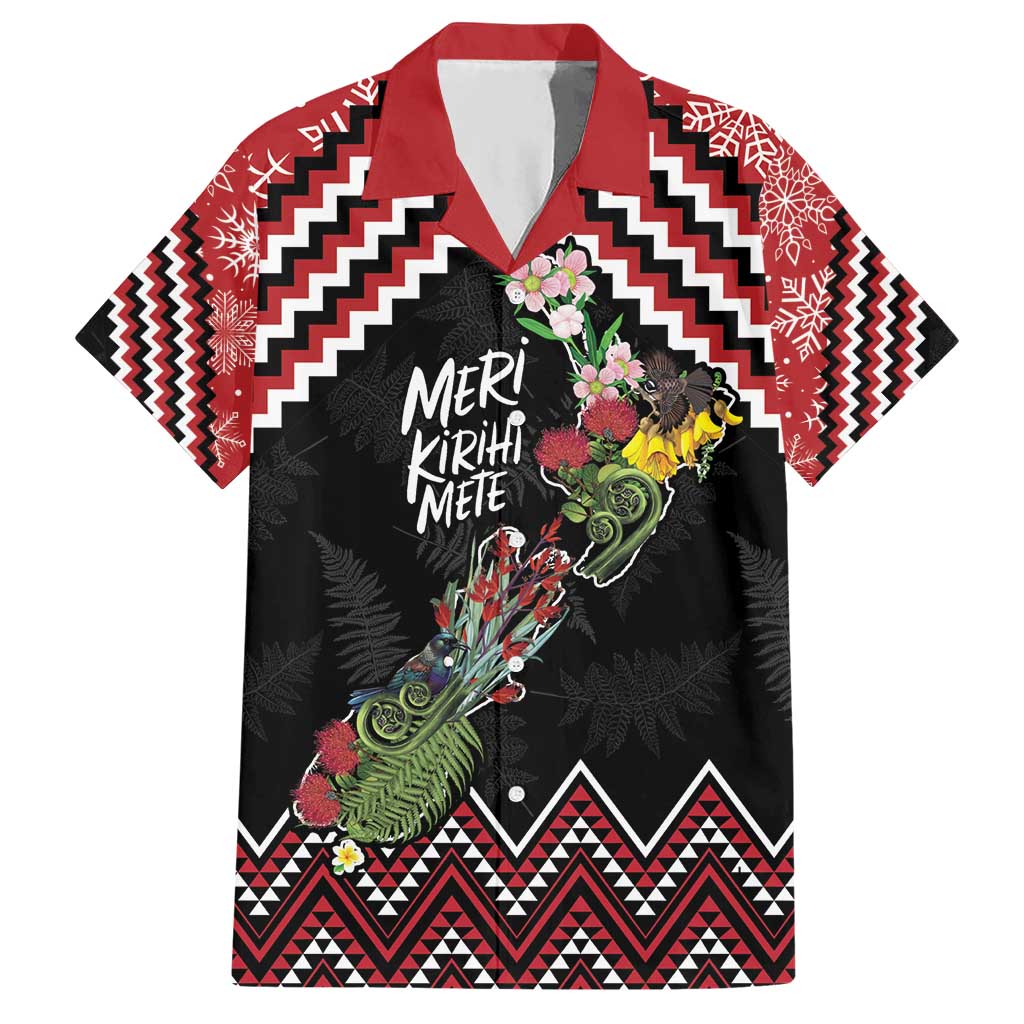 New Zealand Christmas Taniko Poutama Hawaiian Shirt Flora Map with Birds - Polynesian Pride