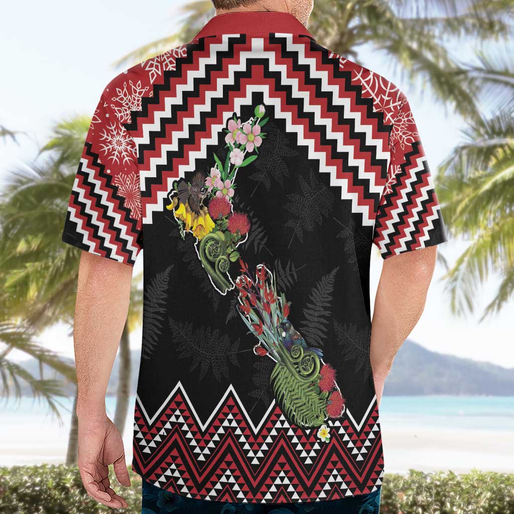 New Zealand Christmas Taniko Poutama Hawaiian Shirt Flora Map with Birds - Polynesian Pride