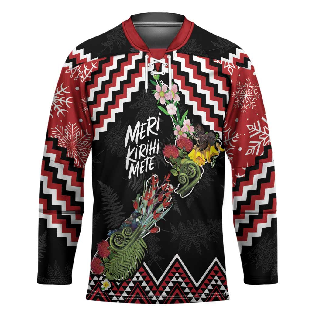 New Zealand Christmas Taniko Poutama Hockey Jersey Flora Map with Birds - Polynesian Pride