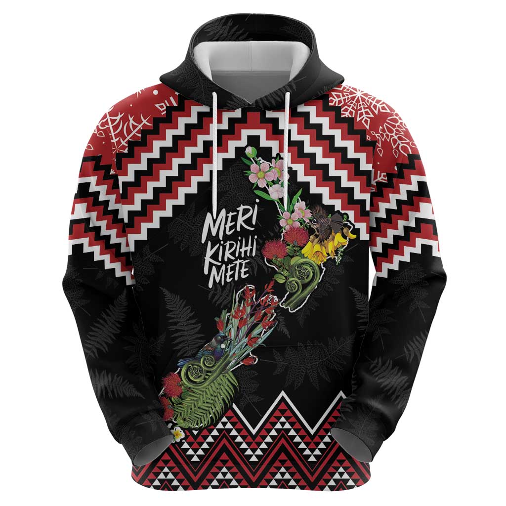 New Zealand Christmas Taniko Poutama Hoodie Flora Map with Birds - Polynesian Pride