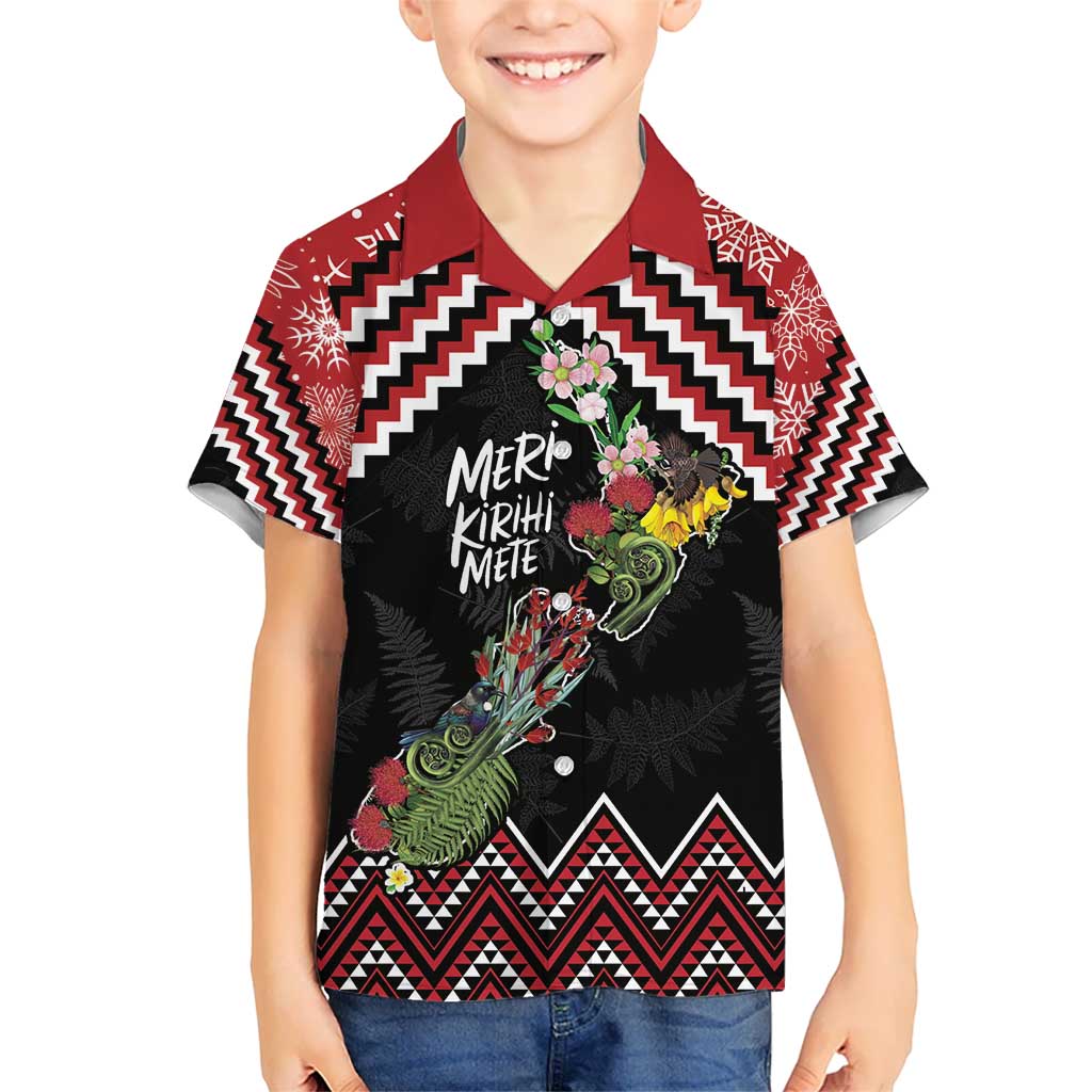 New Zealand Christmas Taniko Poutama Kid Hawaiian Shirt Flora Map with Birds - Polynesian Pride