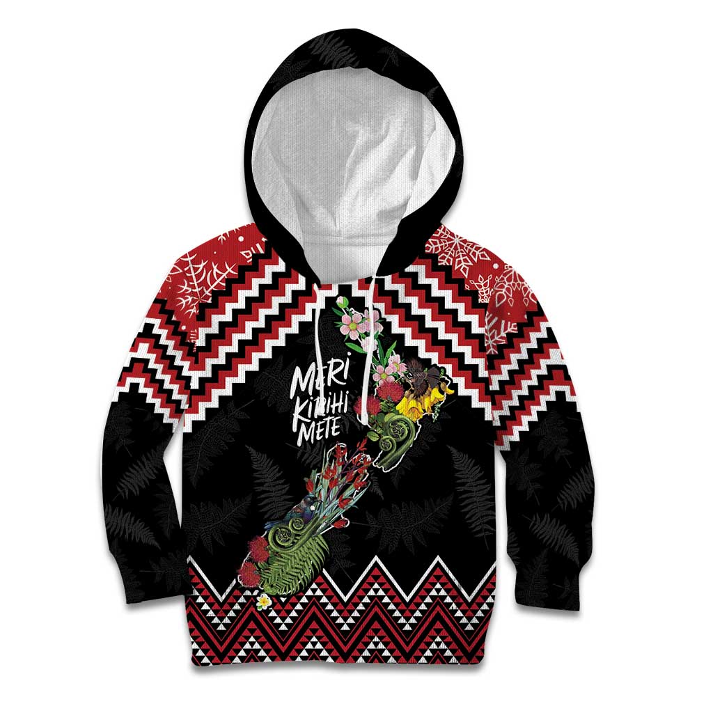 New Zealand Christmas Taniko Poutama Kid Hoodie Flora Map with Birds - Polynesian Pride