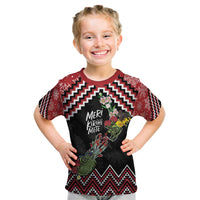 New Zealand Christmas Taniko Poutama Kid T Shirt Flora Map with Birds - Polynesian Pride
