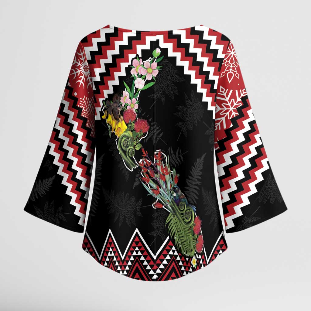 New Zealand Christmas Taniko Poutama Kimono Sleeve Blouse Flora Map with Birds - Polynesian Pride