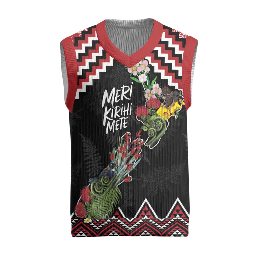 New Zealand Christmas Taniko Poutama Christmas Knitted V-Neck Vest Flora Map with Birds - Polynesian Pride