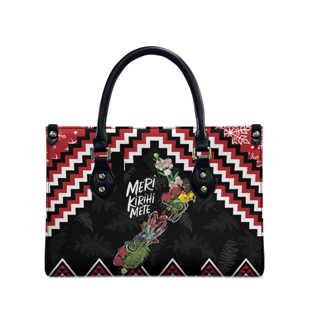 New Zealand Christmas Taniko Poutama Leather Bag Flora Map with Birds - Polynesian Pride