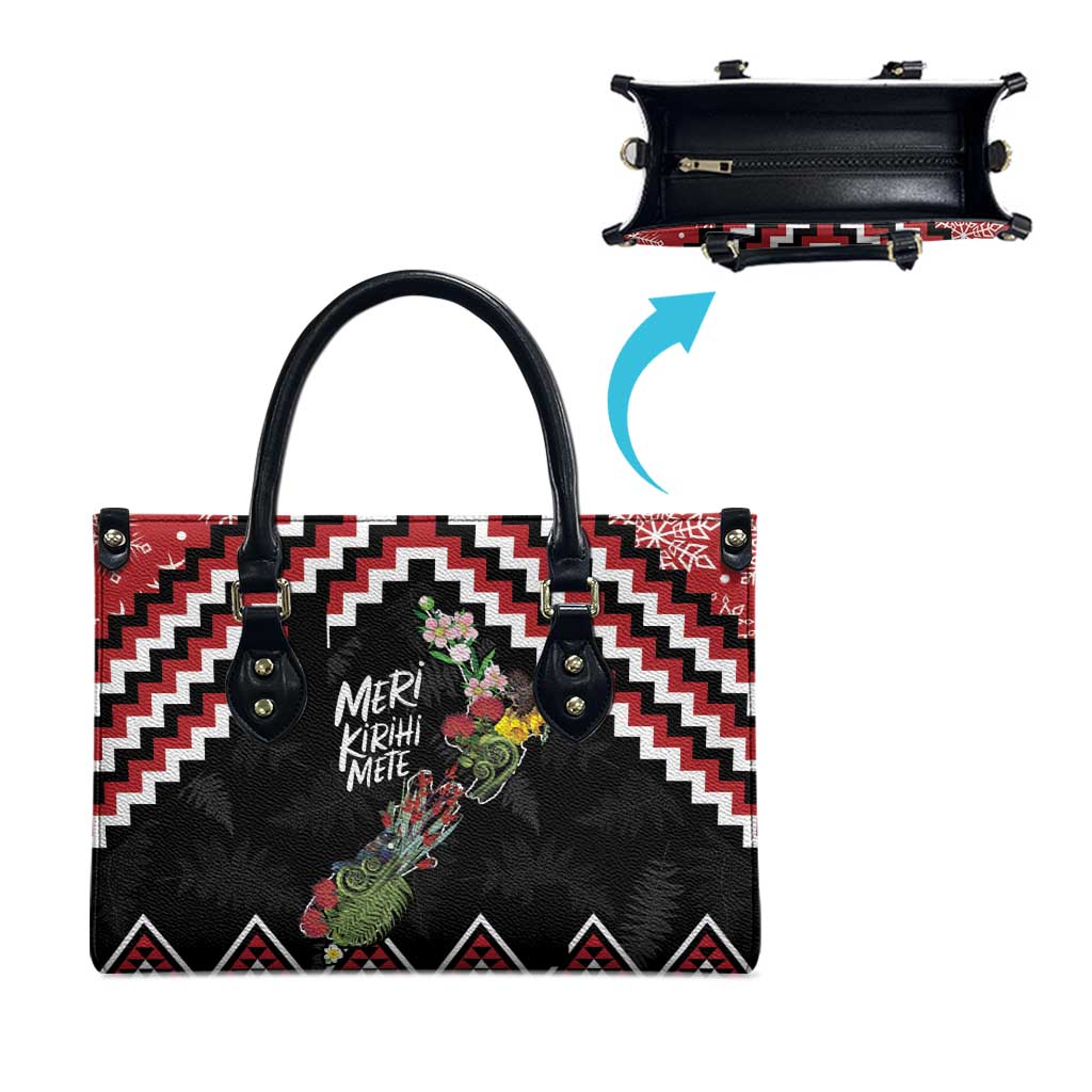 New Zealand Christmas Taniko Poutama Leather Bag Flora Map with Birds - Polynesian Pride