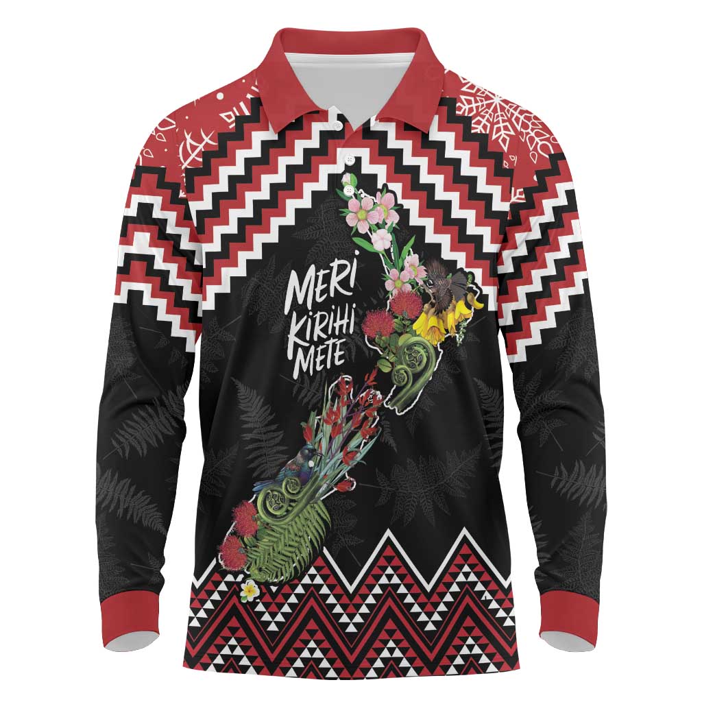 New Zealand Christmas Taniko Poutama Long Sleeve Polo Shirt Flora Map with Birds - Polynesian Pride