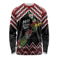 New Zealand Christmas Taniko Poutama Long Sleeve Shirt Flora Map with Birds - Polynesian Pride