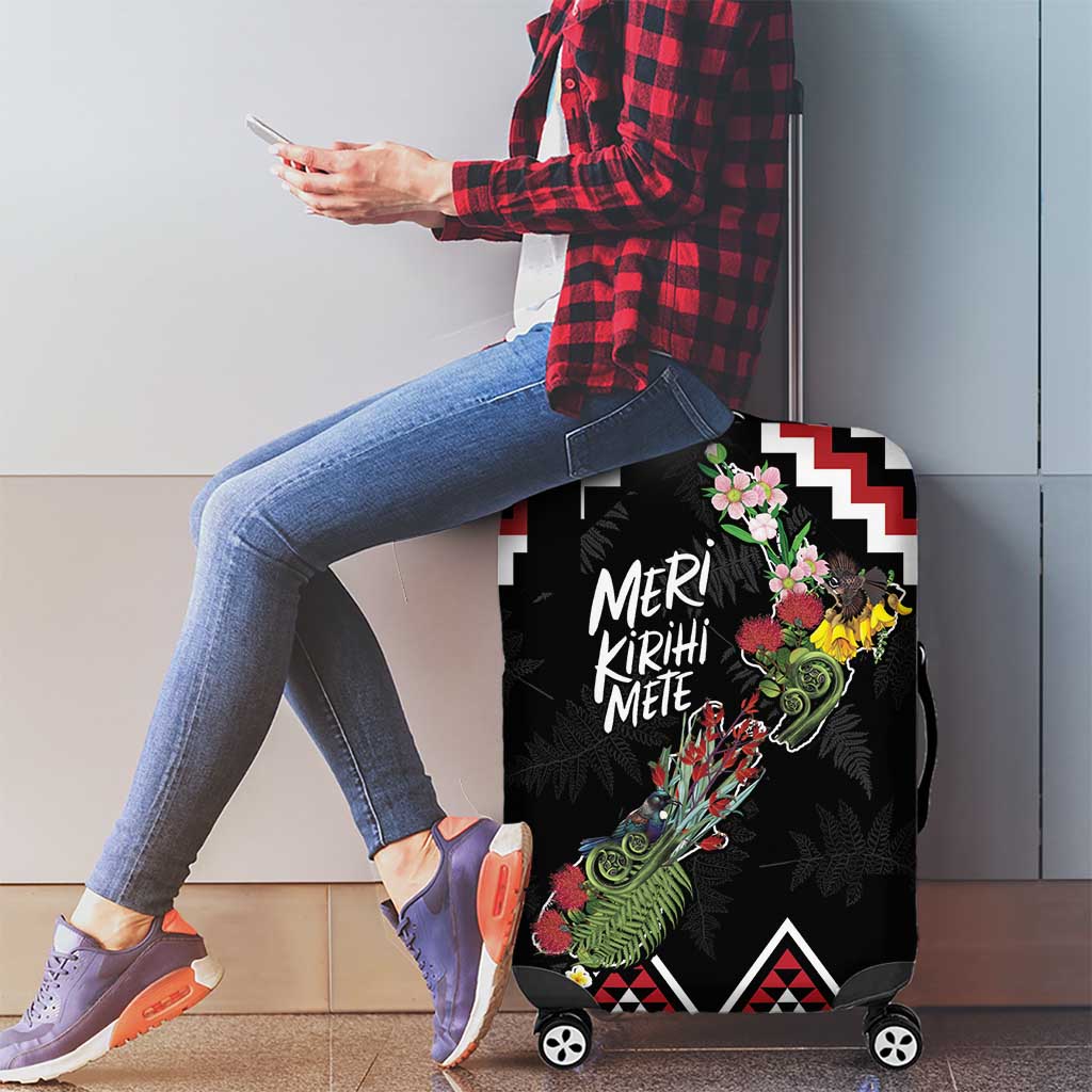 New Zealand Christmas Taniko Poutama Luggage Cover Flora Map with Birds - Polynesian Pride