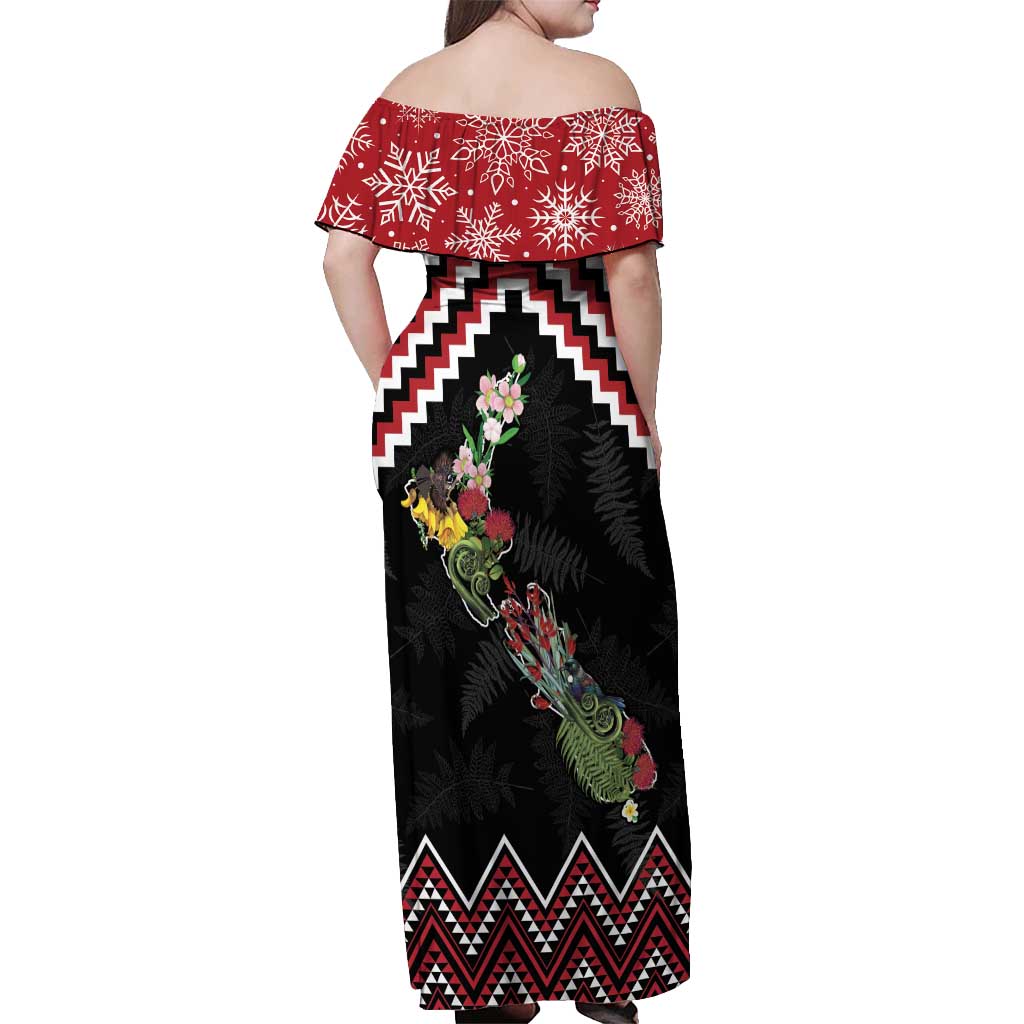 New Zealand Christmas Taniko Poutama Off Shoulder Maxi Dress Flora Map with Birds - Polynesian Pride