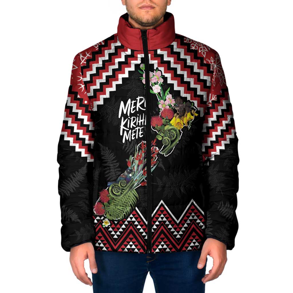 New Zealand Christmas Taniko Poutama Padded Jacket Flora Map with Birds - Polynesian Pride