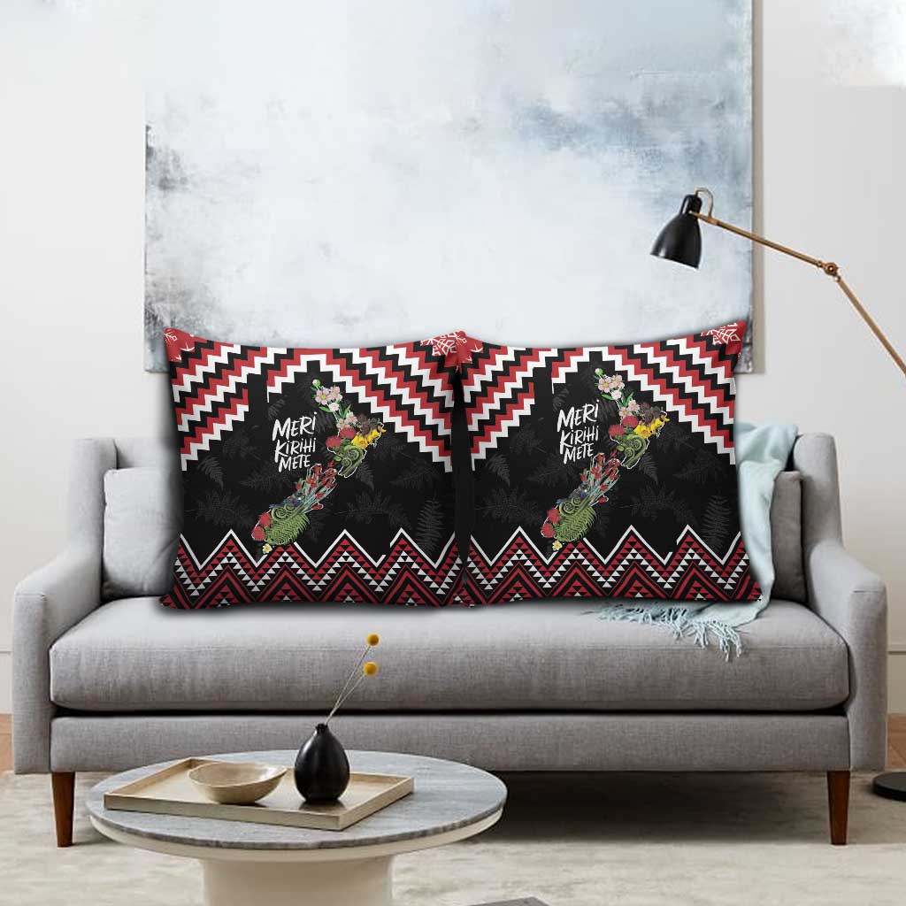 New Zealand Christmas Taniko Poutama Pillow Cover Flora Map with Birds - Polynesian Pride